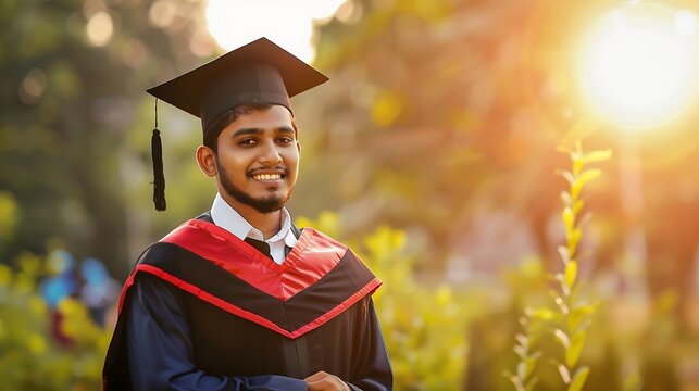 Happy young indian graduated students holding his graduation degree convocation ceremony : Generative AI