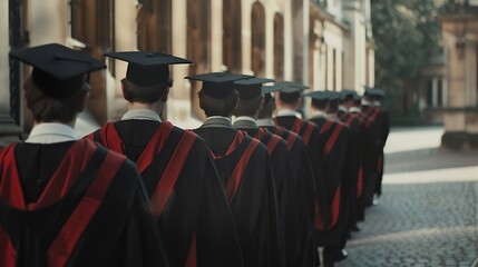Rear view of the university graduates in graduation gowns and caps : Generative AI