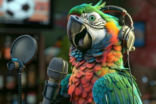 Parrot football commentator with vintage microphone and big earphones. comical angry parrot.
