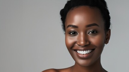Face beauty and satisfaction with a model black woman in studio on a gray background to promote natural skincare Facial wellness and makeup with an attractive young female happy with c : Generative AI