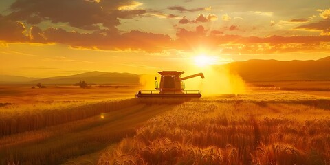 Fototapeta premium Harvesting wheat in a vast field at sunset. Concept Nature Photography, Agriculture, Golden Hour, Harvest Season, Rural Landscapes