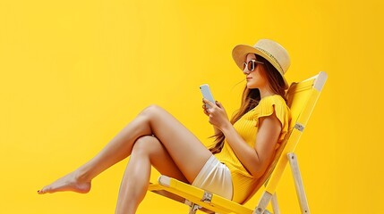 Young woman wear summer clothes sit in deckchair use show mobile cell phone isolated on plain yellow background Tourist travel abroad in free spare time rest getaway Air flight trip jo : Generative AI