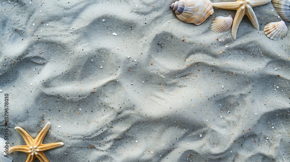 Poster Top view of a sandy beach texture with imprints of exotic seashells and starfish as natural textured background : Generative AI