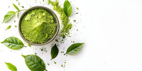 Obraz premium Matcha Tea Powder and Kratom Leaves A Visual Comparison. Concept Botanical Study, Herbal Comparison, Nature Photography