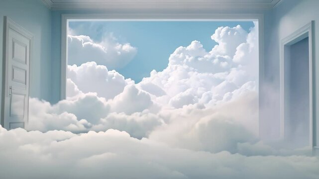 White blue fantastic 3d clouds in the room interior, sky and landscape. Gentle colors and with bright lights.