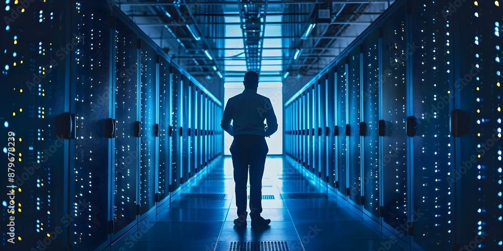 Poster monitoring computer servers for data security a cybersecurity specialist's role. concept data securi
