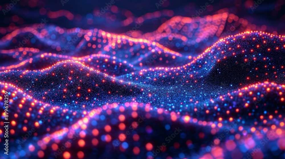 Poster A digital rendering of a dark surface with waves of red and blue lights