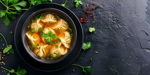 Delicious Chinese Wonton Soup with Pork or Chicken Dumplings in Flavorful Broth. Concept Chinese cuisine, Wonton soup, Pork dumplings, Chicken dumplings, Flavorful broth