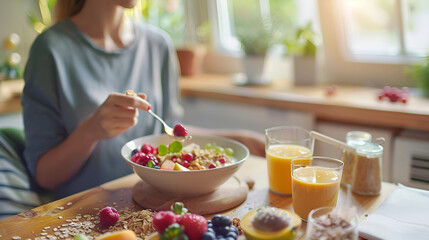 Healthy Breakfast with Fresh Fruits and Juices