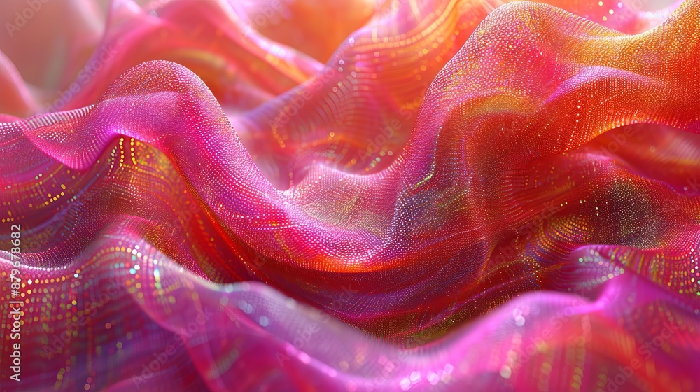 Poster close-up of a pink and orange mesh fabric with shimmering light reflecting off the surface