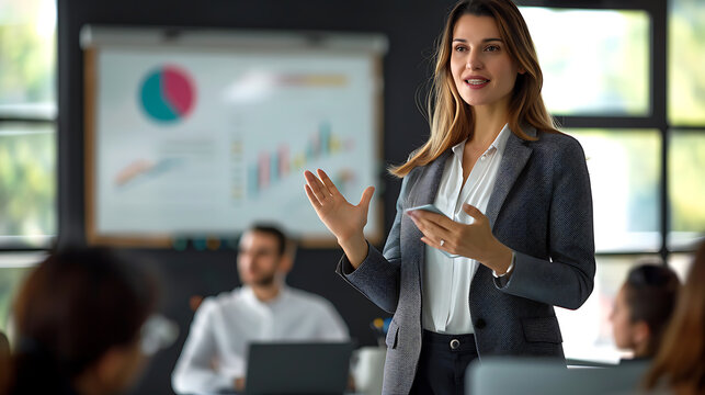 woman in business giving a presentation in an office room, successful woman, executive, finance, marketing, business, inspire, sales