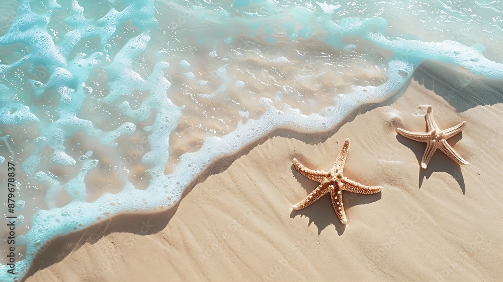 Poster starfish on the sand beach in clear sea water summer background summer time copy space relaxing on t