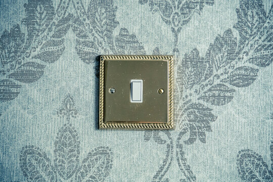 Ein eleganter, goldener Lichtschalter an einer Zimmerwand mit sch&ouml;ner floraler Tapete.