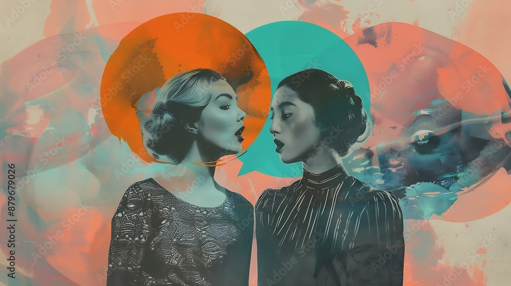 Poster girlfriends contemporary art collage two women with color speech bubble copy space instead heads ove