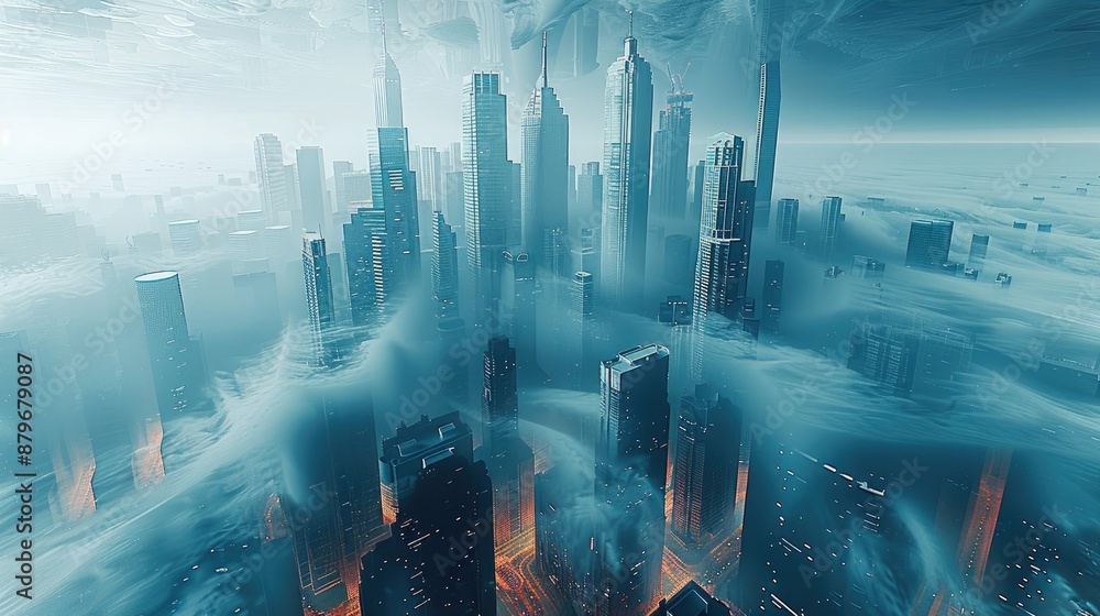 Poster a cityscape where skyscrapers float above an ocean of shimmering data. generative ai.