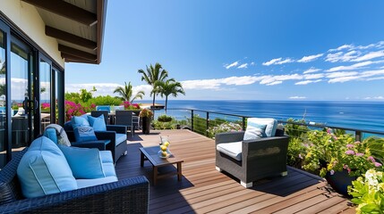 Fototapeta premium Patio deck terrace balcony lanai and sun decks with beautiful blue skies ocean views colorful furnishings patio furniture staging decor and sunshine : Generative AI