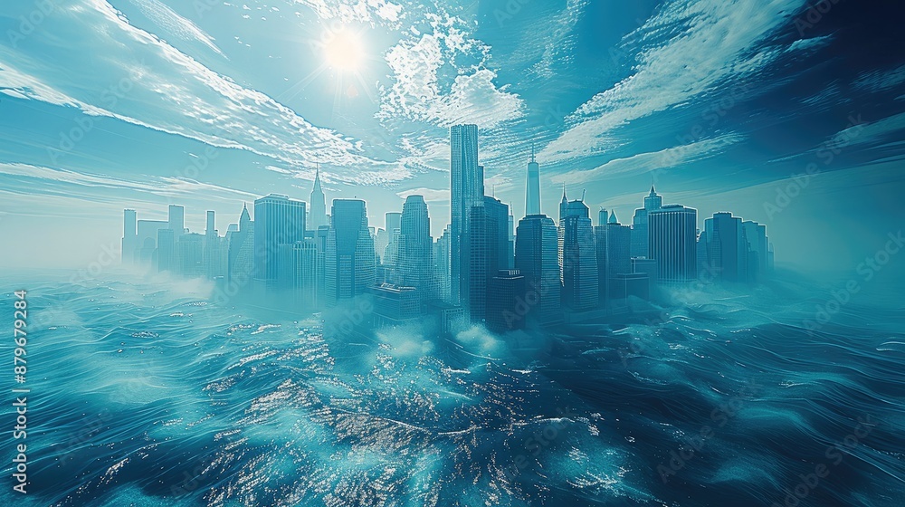 Poster a cityscape where skyscrapers float above an ocean of shimmering data. generative ai.