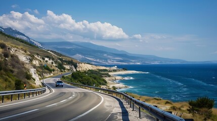 car driving on the road of europe road landscape in summer its nice to drive on the beach side highway Highway view on the coast on the way to summer vacation Turkey trip on beautiful  : Generative AI