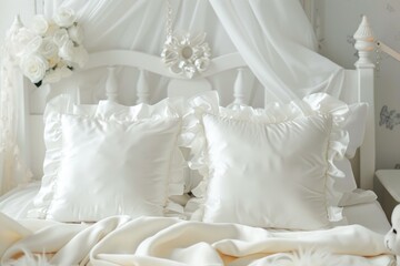 Elegant White Bedroom Decor with Satin Pillows and Floral Accents