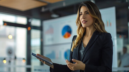 woman in business giving a presentation in an office room, successful woman, executive, finance, marketing, business, inspire, sales