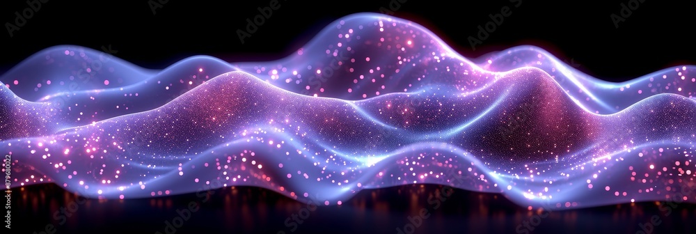 Poster a shimmering blue and pink light wave with glitter particles moves across a dark background