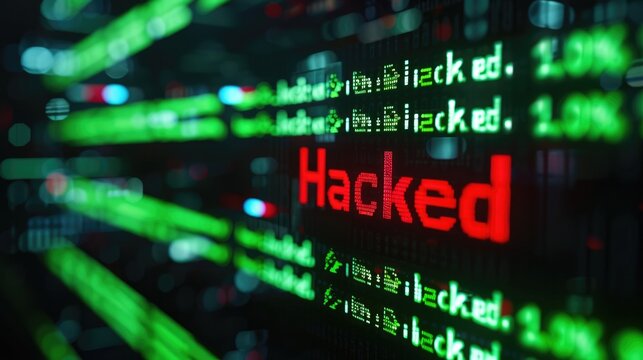 Digital Intrusion: Hacked Binary Code and Warning Text