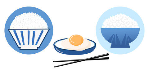 Rice bowl with chopsticks and 
fried egg icon set isolated on white background vector.
