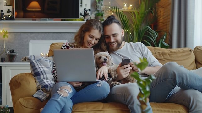 Portrait of happy young couple using laptop man holding mobile phone hugging dog sitting together on comfortable sofa at home Online shopping concept : Generative AI