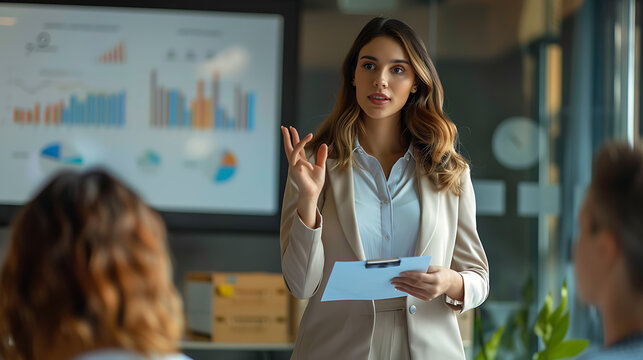 woman in business giving a presentation in an office room, successful woman, executive, finance, marketing, business, inspire, sales