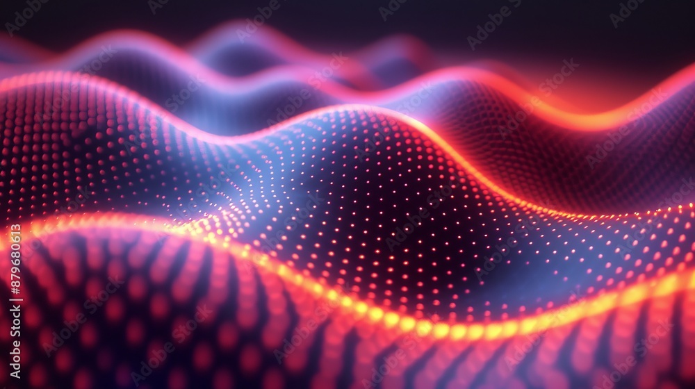 Poster glowing red and blue light wave pattern,  colorful high-tech background with a digital mesh network design in bllue pink  gradients