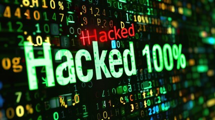 Obraz premium Network Breach: Red Hacked Text on Binary Background