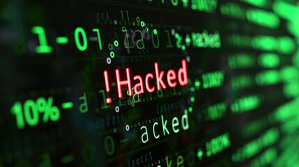 Cyber Threat Alert: Red Hacked Text on Dark Binary