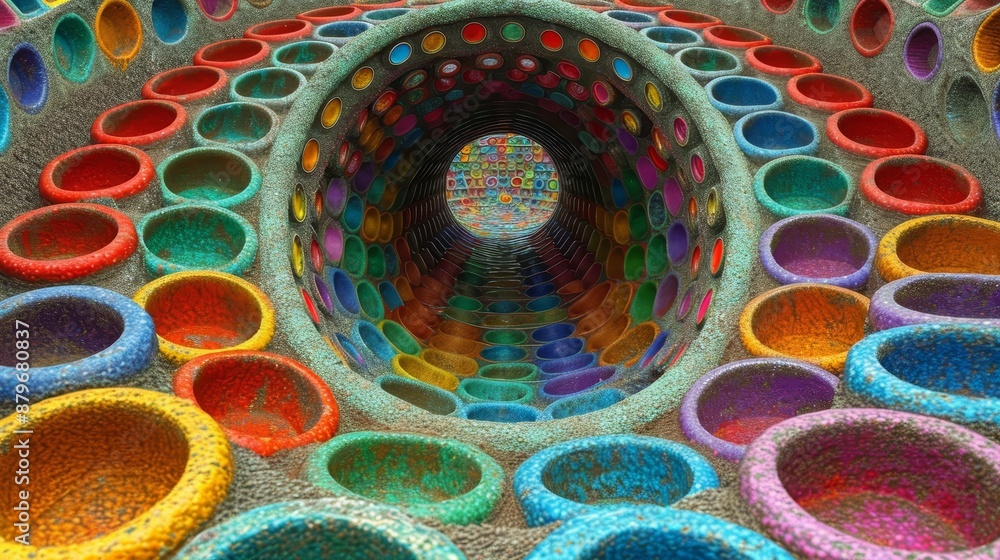 Aufkleber A colorful tunnel interior with many circular openings in the walls, leading to a light source at the end