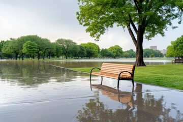 Obraz premium A park bench is sitting in a flooded area