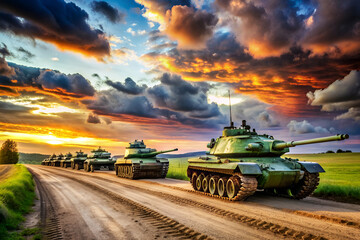 Fototapeta premium Scene is peaceful and serene, despite the presence of the tanks
