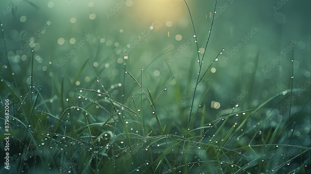 Poster rain drops on grass and branches. haze. generative ai.