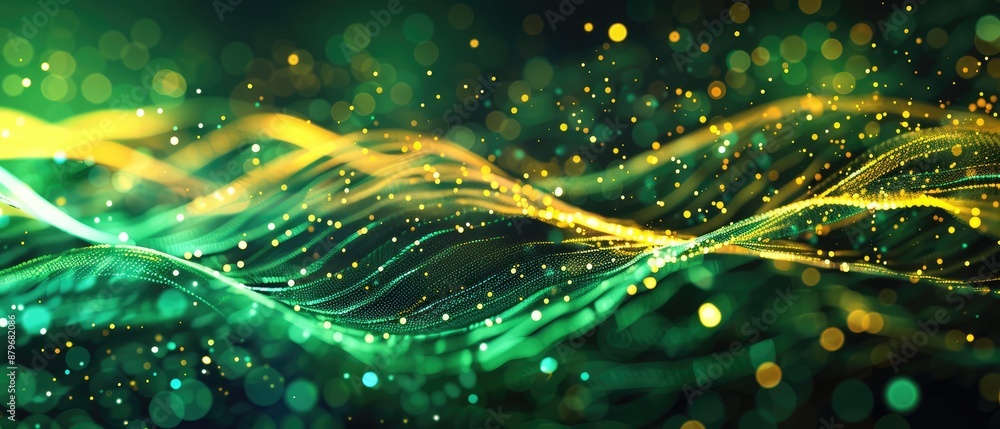Poster futuristic background with green and yellow glowing neon moving high speed wave lines and bokeh ligh