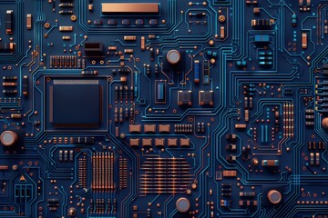 Fototapeta premium Abstract blue and copper circuit board background. Technology, electronics, and innovation concept.