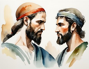 Abstract Watercolour Painting of Jacob and Esau sons of Isaac and Rebecca. Bliblical illustration.
