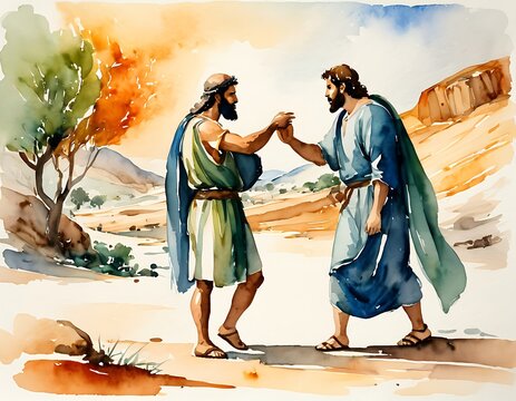 Abstract Watercolour Painting of Jacob and Esau sons of Isaac and Rebecca. Bliblical illustration.