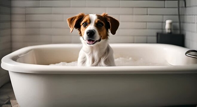 Dog bathing in the bathtub.