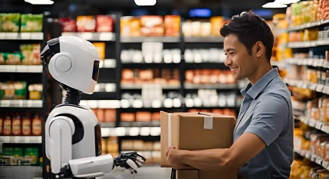 Store clerk robot helping customer.