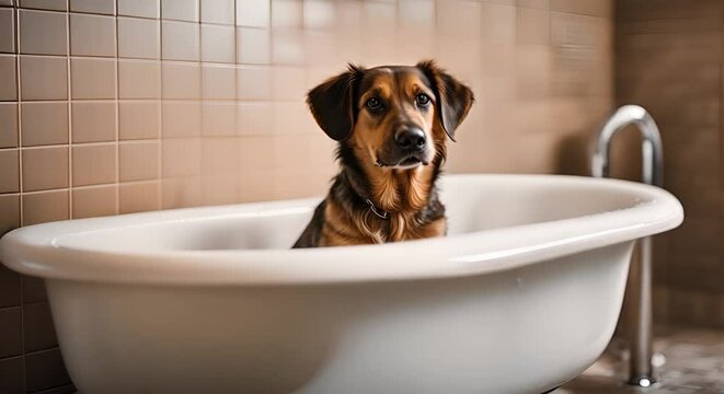Dog bathing in the bathtub.