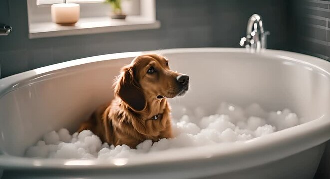 Dog bathing in the bathtub.