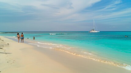 a couple of men and women on the beach of Tres Trap Aruba Caribbean Island Tres Trapi Bay is popular with locals for snorkeling and diving : Generative AI