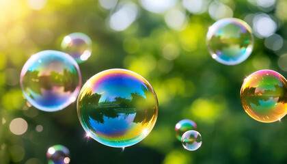 Rainbow soap bubbles floating against blurred green background. Abstract multi-color backdrop.