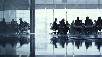 Silhouetted businesspeople in a modern office boardroom meeting with large windows.