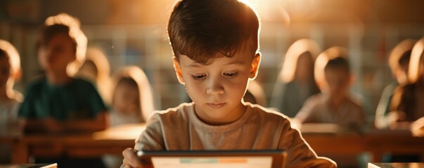 Young boy using tablet in classroom with other kids blurred in background.