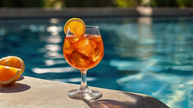 Glass of aperol spritz cocktail on pool background