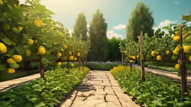 Garden with ripe lemons on branches